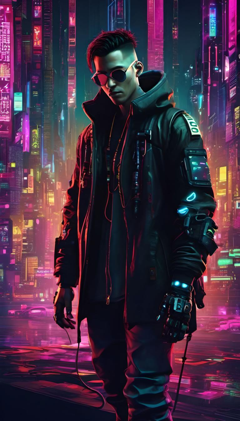 Cyberpunk,Cyberpunk, Ihmiset, mies, kyberpunk, 1 poika, miehen keskittyminen, yksin, takki, mustat hiukset