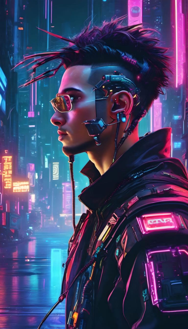 Cyberpunk,Cyberpunk, People, man, cyberpunk, neon lights, solo, 1boy, male focus, jacket, black hair