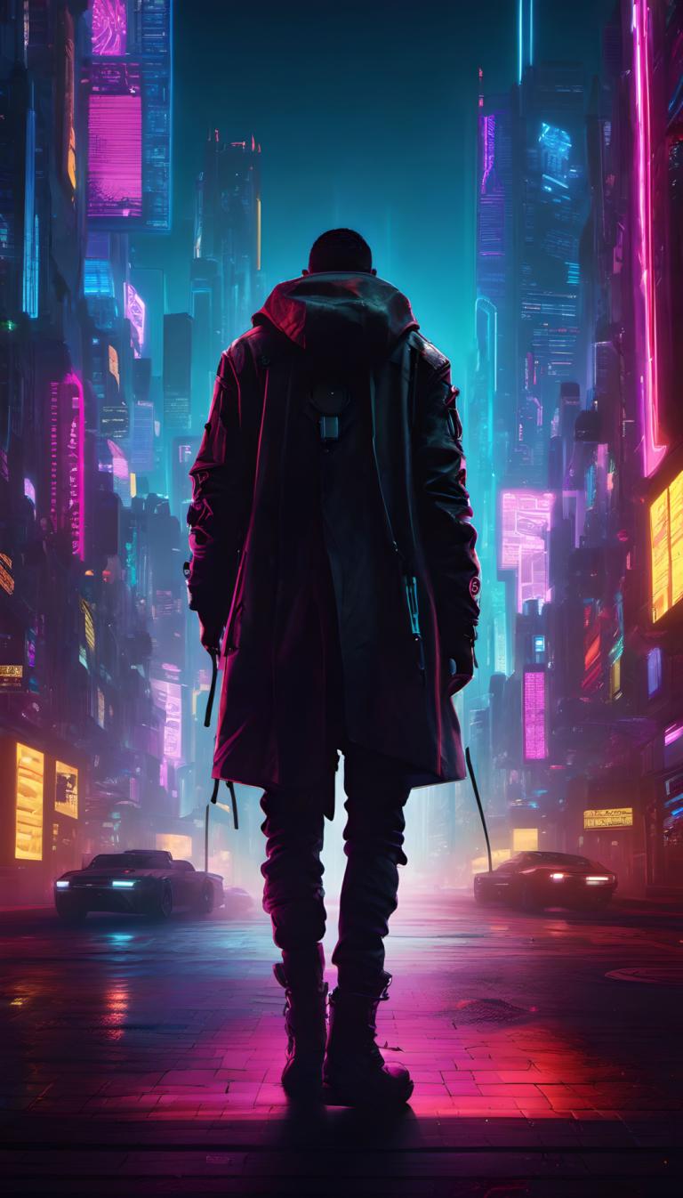 Cyberpunk,Cyberpunk, människor, man, 1 pojke, manligt fokus, natt, cyberpunk, neonljus, solo, bakifrån, stad