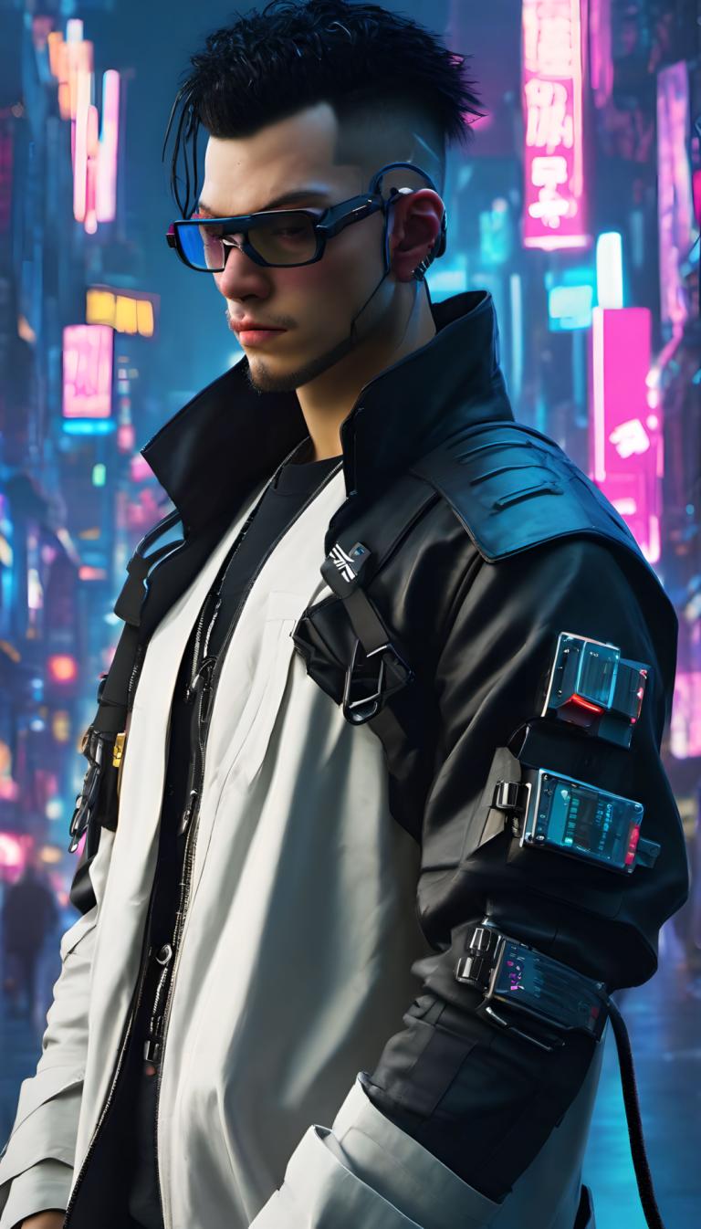 Cyberpunk,Cyberpunk, människor, man, 1 pojke, manligt fokus, jacka, solo, svart hår, skjorta, vit jacka