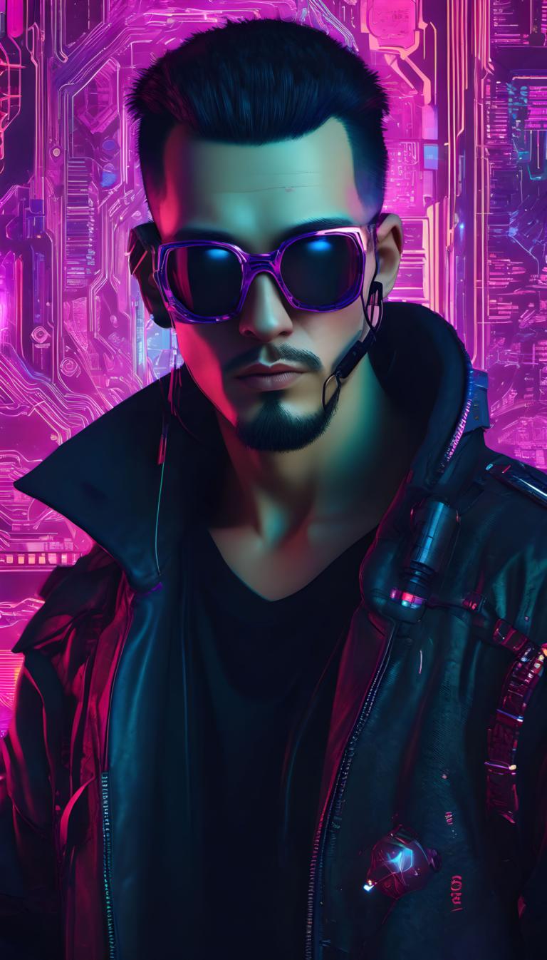 Cyberpunk,Cyberpunk, People, man, 1boy, male focus, jacket, solo, facial hair, cyberpunk, black hair