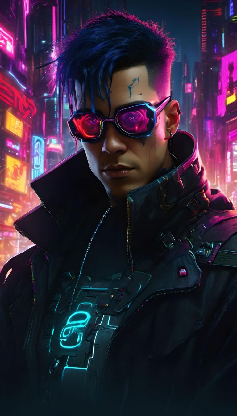 Cyberpunk,Cyberpunk, People, man, cyberpunk, solo, 1boy, male focus, jacket, neon lights, undercut, blue hair