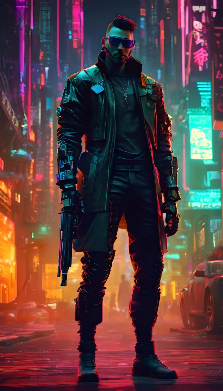 Cyberpunk,Cyberpunk, Ανθρωποι, άνδρας, 1 αγόρι, κυβερνοπάνκ, αρσενική εστίαση, όπλο, μονοφωνία, όπλο, Νύχτα