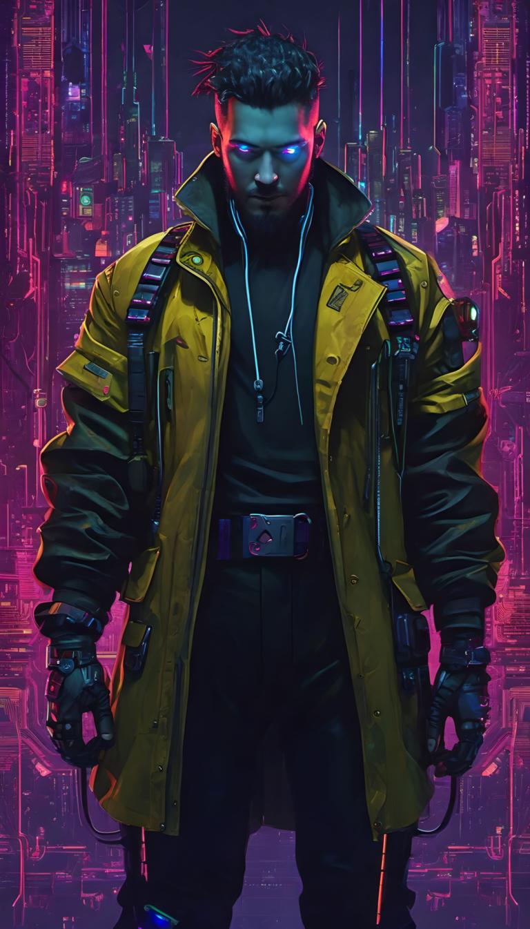 Cyberpunk,Cyberpunk, människor, man, 1 pojke, cyberpunk, manligt fokus, solo, jacka, lysande, lysande ögon