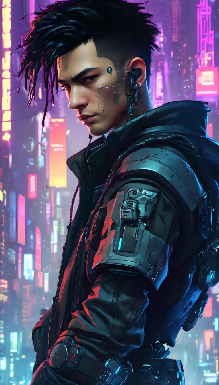 Cyberpunk,Cyberpunk, Oameni, om, cyberpunk, 1 băiat, focalizare masculină, solo, brunet, sacou, cyborg