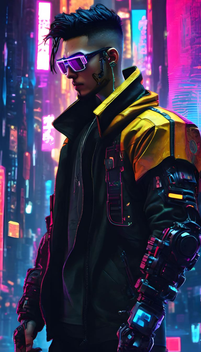 Cyberpunk,Cyberpunk, människor, man, 1 pojke, cyberpunk, manligt fokus, jacka, solo, mörkhyad hane, cyborg