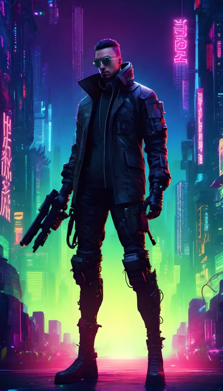 Cyberpunk,Cyberpunk, människor, man, 1 pojke, cyberpunk, vapen, manligt fokus, solo, pistol, jacka, innehav