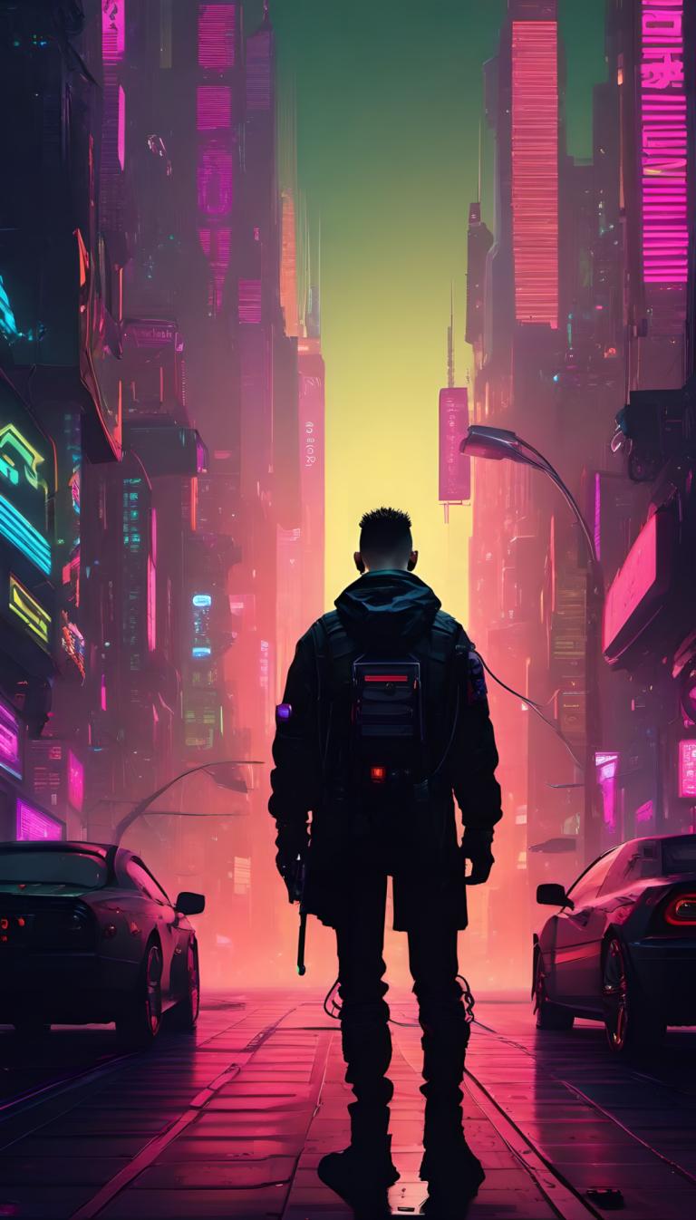 Cyberpunk,Cyberpunk, människor, man, 1 pojke, cyberpunk, manligt fokus, bil, motorfordon, bakifrån, solo