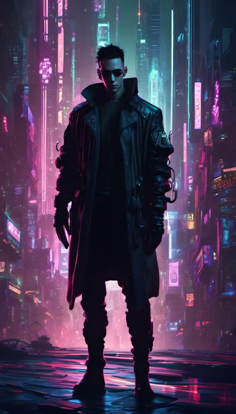 Cyberpunk,Cyberpunk, Menschen, Mann, Cyberpunk, 1Junge, männlicher Fokus, Stadt, Neonlichter, Nacht