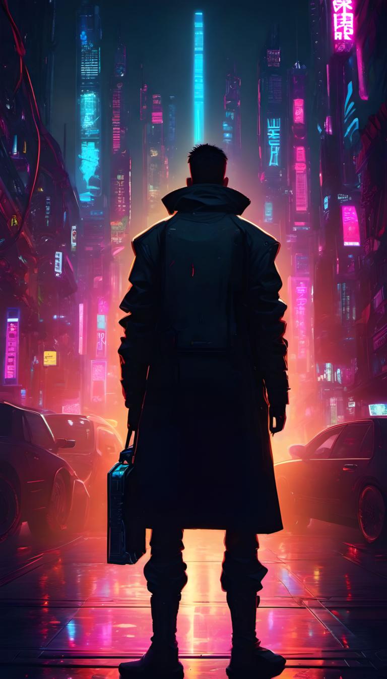 Cyberpunk,Cyberpunk, Menschen, Mann, 1Junge, Cyberpunk, männlicher Fokus, hinterrücks, Nacht, Stadt, Solo