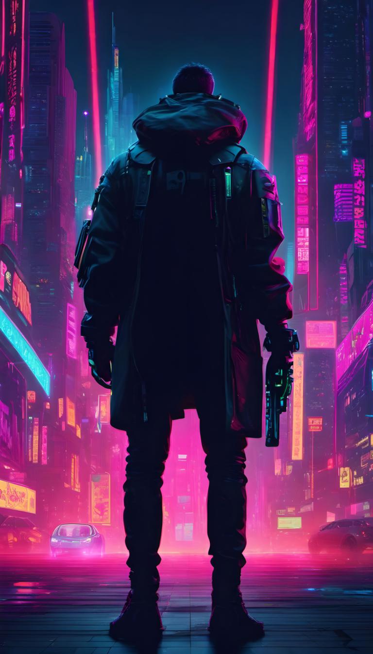 Cyberpunk,Cyberpunk, Menschen, Mann, 1Junge, Waffe, Cyberpunk, männlicher Fokus, Pistole, Nacht, Solo, halten