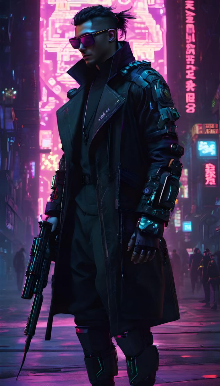 Cyberpunk,Cyberpunk, Menschen, Mann, Cyberpunk, Neonlichter, Waffe, Pistole, 1Junge, Cyborg, Science-Fiction