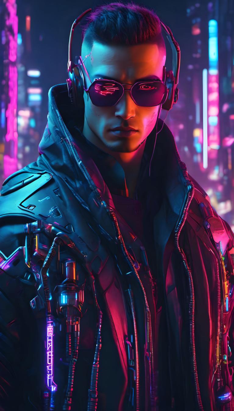 Cyberpunk,Cyberpunk, Mennesker, Mann, 1 gutt, mannlig fokus, solo, jakke, cyberpunk, hodetelefoner