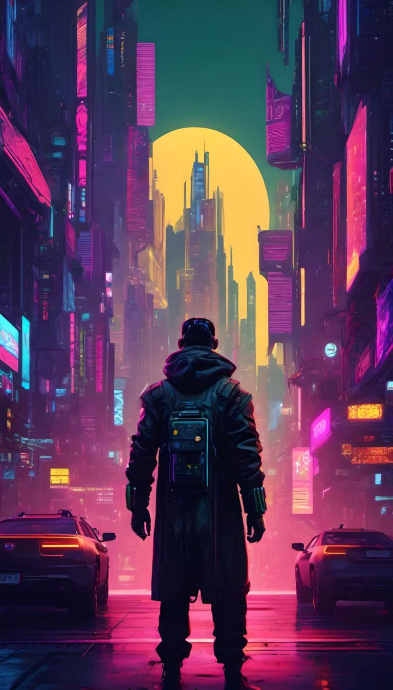 Cyberpunk,Cyberpunk, Mọi người, người đàn ông, cyberpunk, 1 cậu bé, thành phố, xe cơ giới, đèn neon, Nam giới