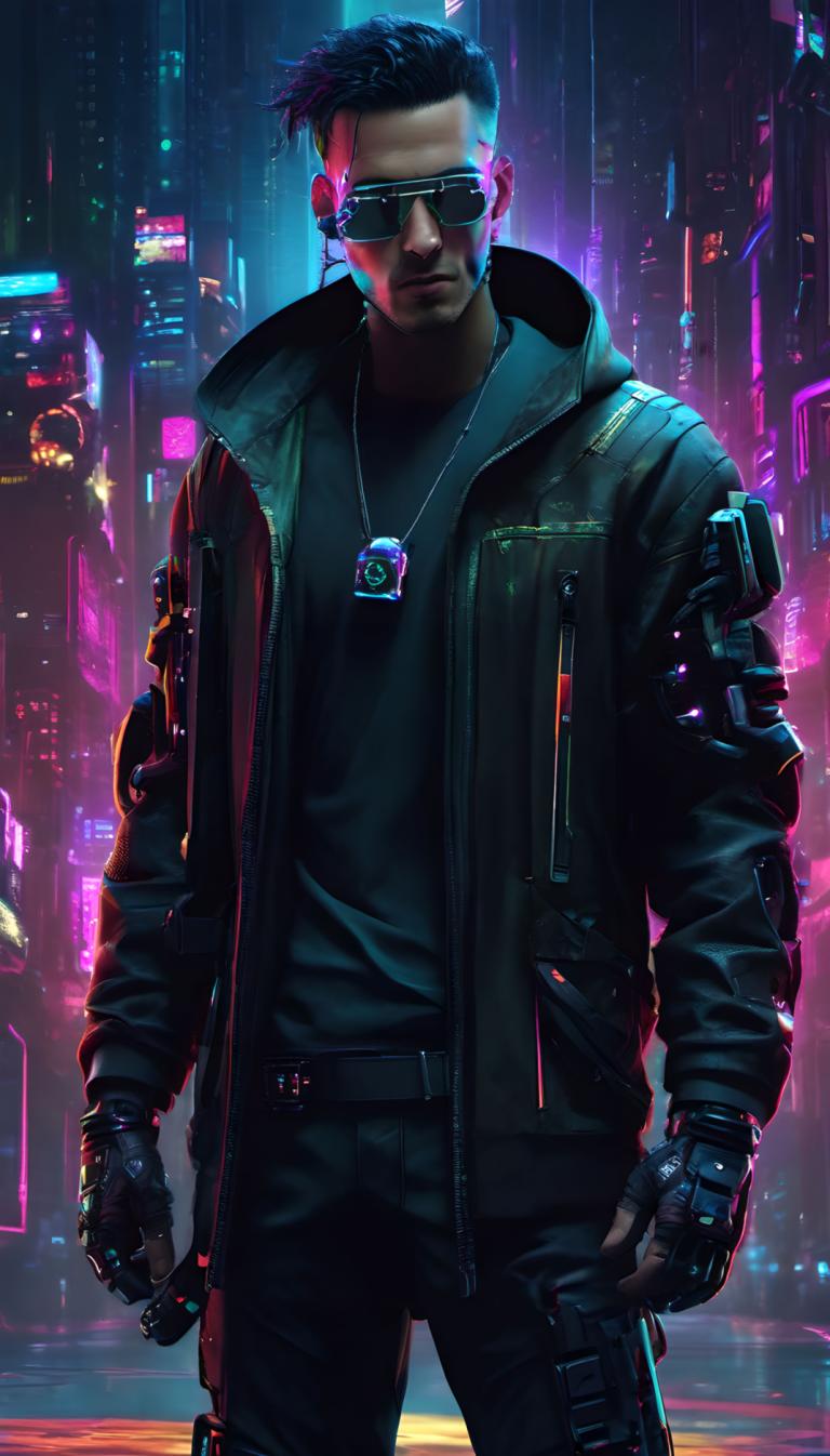 Cyberpunk,Cyberpunk, Ανθρωποι, άνδρας, 1 αγόρι, σακάκι, αρσενική εστίαση, μονοφωνία, γάντια, μαύρο μπουφάν