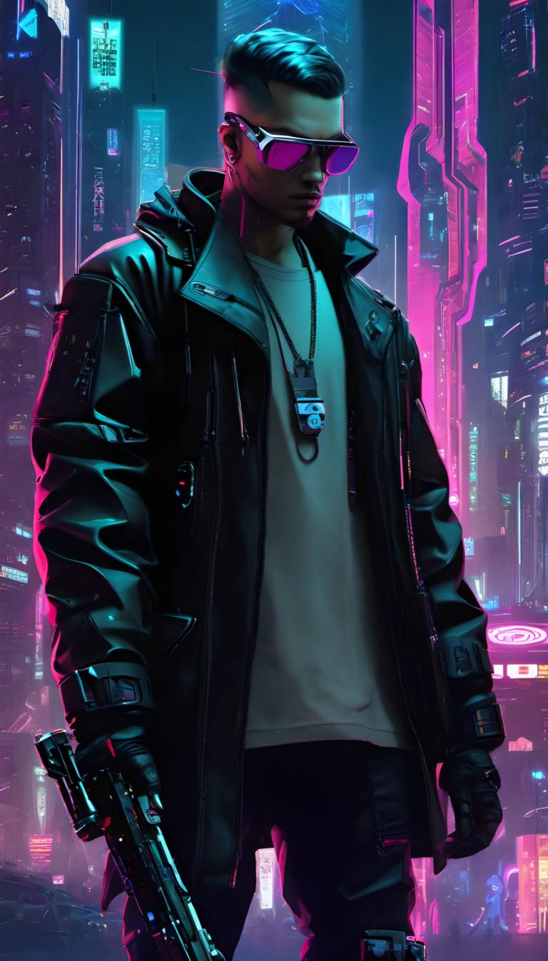 Cyberpunk,Cyberpunk, människor, man, 1 pojke, manligt fokus, solo, jacka, vapen, cyberpunk, skjorta