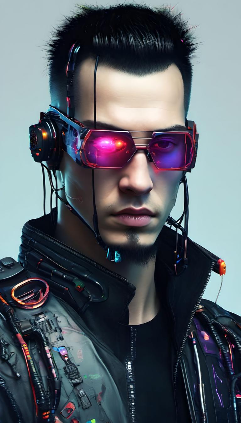 Cyberpunk,Cyberpunk, människor, man, 1 pojke, solo, manligt fokus, ansiktshår, svart hår, jacka, realistisk