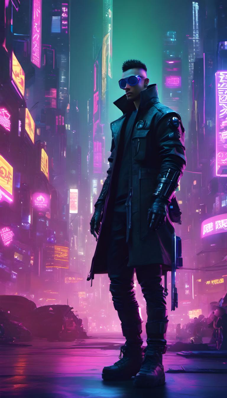 Cyberpunk,Cyberpunk, Menschen, Mann, 1Junge, Cyberpunk, männlicher Fokus, Nacht, Neonlichter, Solo, Stadt