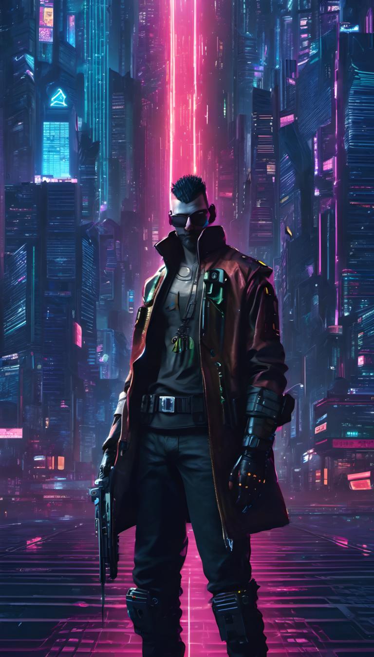 Cyberpunk,Cyberpunk, Menschen, Mann, 1Junge, Cyberpunk, Solo, männlicher Fokus, Stadt, Hose, Science-Fiction