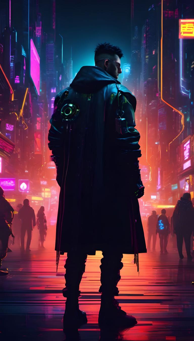 Cyberpunk,Cyberpunk, Mọi người, người đàn ông, cyberpunk, đèn neon, Nam giới, đêm, thành phố, 1 cậu bé