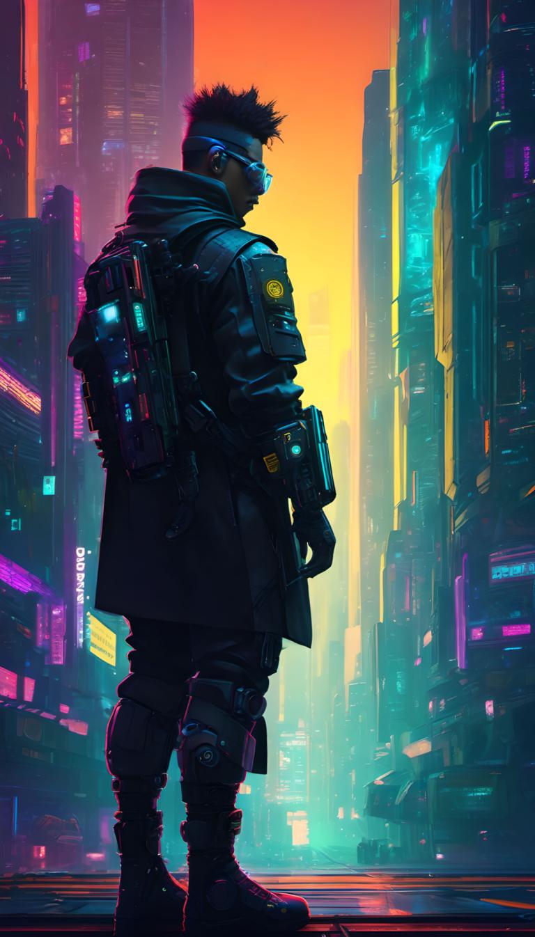 Cyberpunk,Cyberpunk, Menschen, Mann, 1Junge, männlicher Fokus, Cyberpunk, Solo, Stadt, Science-Fiction