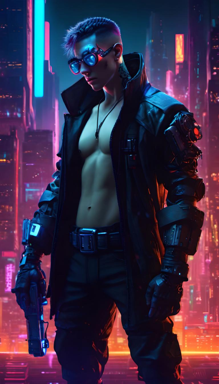 Cyberpunk,Cyberpunk, Ανθρωποι, άνδρας, κυβερνοπάνκ, όπλο, όπλο, μονοφωνία, κράτημα, ανοιχτά ρούχα