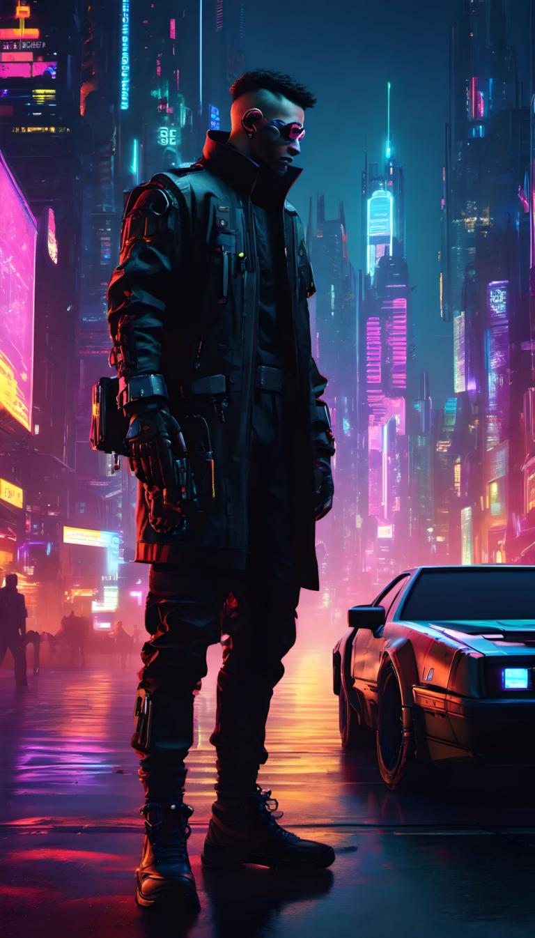 Cyberpunk,Cyberpunk, Mọi người, người đàn ông, cyberpunk, đêm, vũ khí, súng, xe cơ giới, 1 cậu bé, Nam giới