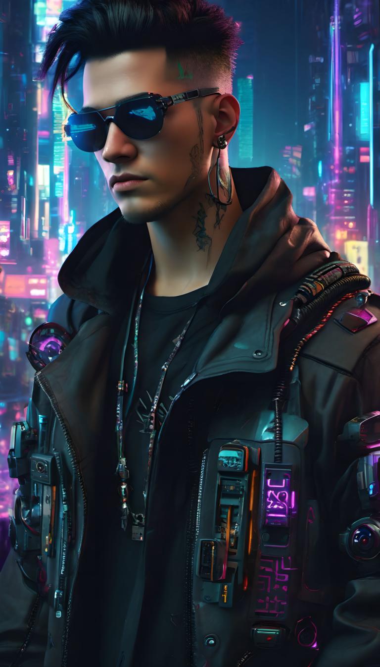 Cyberpunk,Cyberpunk, Rakyat, pria, 1 anak laki-laki, jaket, fokus pria, solo, perhiasan, kacamata hitam