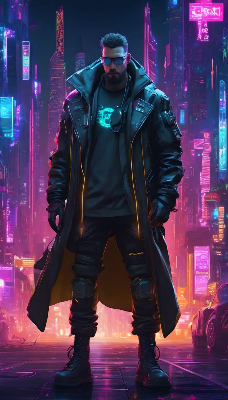 Cyberpunk,Cyberpunk, People, man, 1boy, male focus, solo, night, city, pants, facial hair, sunglasses