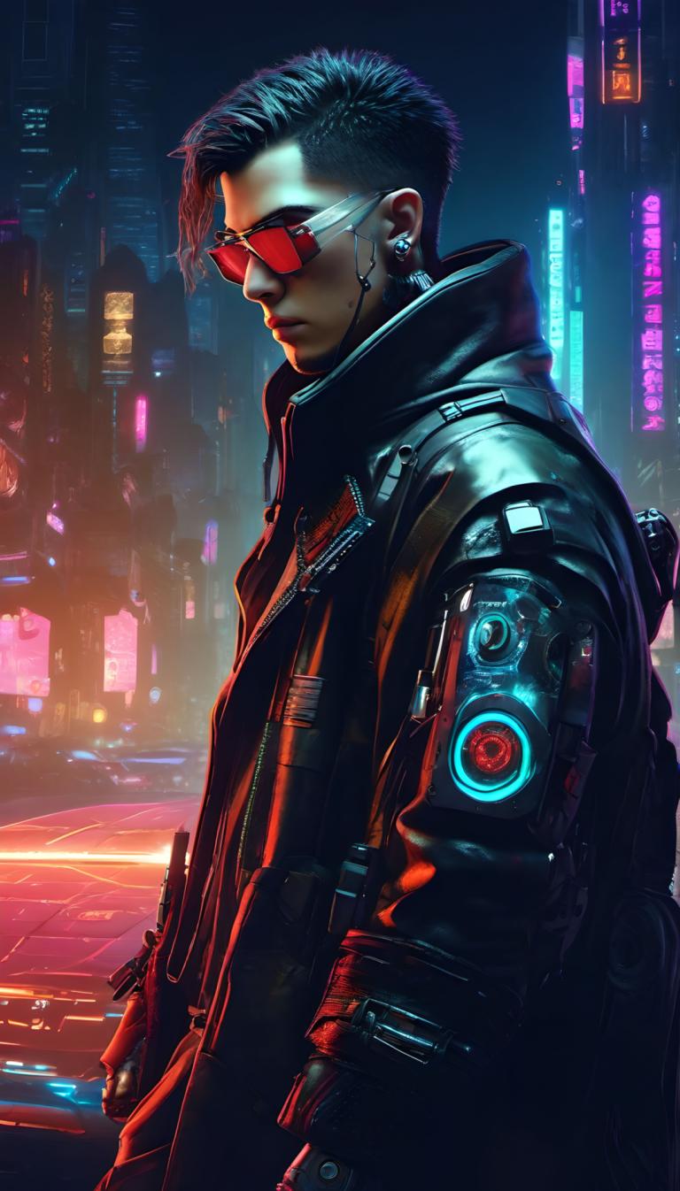 Cyberpunk,Cyberpunk, Mensen, man, cyberpunk, 1 jongen, cyborg, mannelijke focus, solo, Neon lichten, jasje