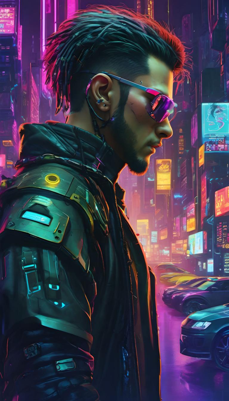 Cyberpunk,Cyberpunk, människor, man, cyberpunk, 1 pojke, manligt fokus, jacka, neonljus, solo, motorfordon