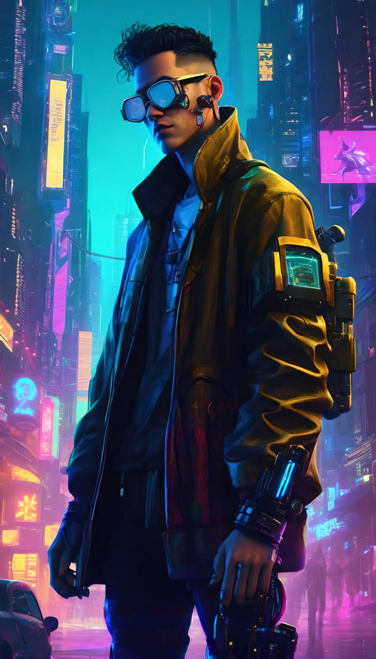 Cyberpunk,Cyberpunk, Lidé, muž, kyberpunk, 1 kluk, mužské zaměření, Bunda, zbraň, pistole, černé vlasy, podíl