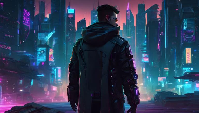 Cyberpunk,Cyberpunk, människor, man, cyberpunk, 1 pojke, manligt fokus, neonljus, Science fiction, solo