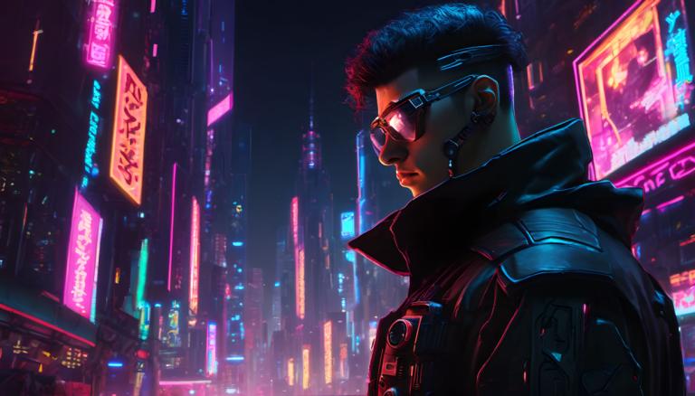 Cyberpunk,Cyberpunk, Persone, Uomo, cyberpunk, luci al neon, 1 ragazzo, focus maschile, assolo, notte, città