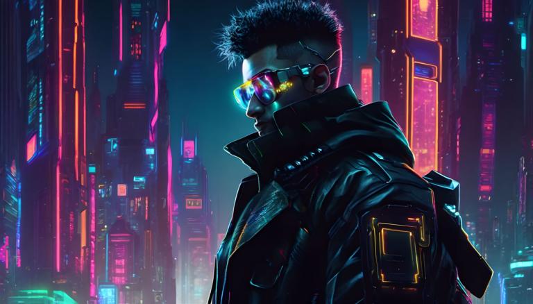 Cyberpunk,Cyberpunk, Mensen, man, 1 jongen, mannelijke focus, cyberpunk, solo, nacht, jasje, stad, zwart haar