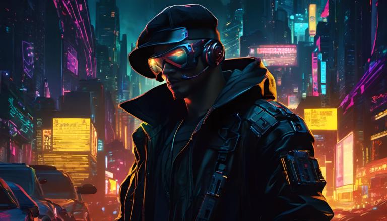 Cyberpunk,Cyberpunk, Mensen, man, 1 jongen, mannelijke focus, hoed, jasje, nacht, Neon lichten, motorvoertuig