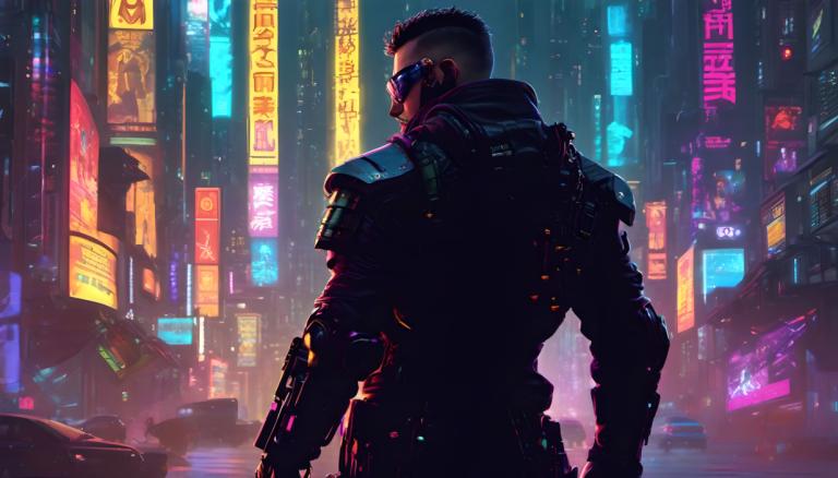 Cyberpunk,Cyberpunk, Persone, Uomo, cyberpunk, 1 ragazzo, luci al neon, focus maschile, da dietro, notte