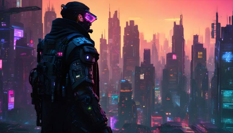 Cyberpunk,Cyberpunk, Lidé, muž, kyberpunk, sci-fi, město, 1 kluk, sólo, budova, panoráma města