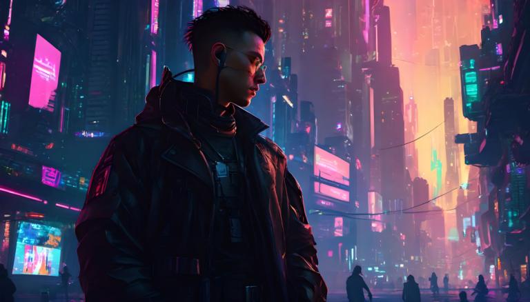 Cyberpunk,Cyberpunk, Mọi người, người đàn ông, cyberpunk, đèn neon, áo khoác, Nam giới, 1 cậu bé, thành phố