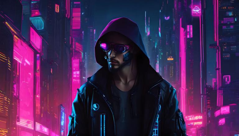 Cyberpunk,Cyberpunk, människor, man, 1 pojke, huva, cyberpunk, neonljus, manligt fokus, solo, jacka, huva upp