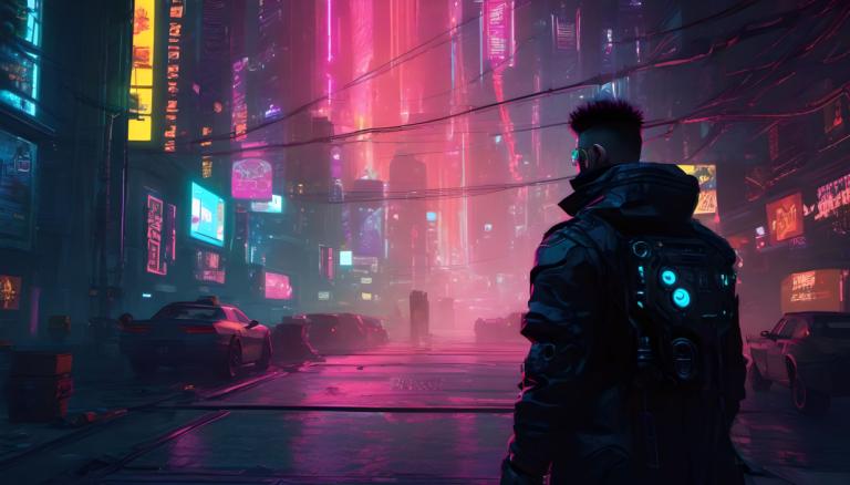 Cyberpunk,Cyberpunk, människor, man, cyberpunk, neonljus, 1 pojke, manligt fokus, natt, stad, utomhus, solo