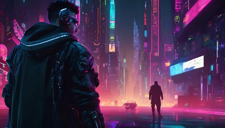 Cyberpunk,Cyberpunk, människor, man, cyberpunk, neonljus, stad, natt, Science fiction, jacka, utomhus