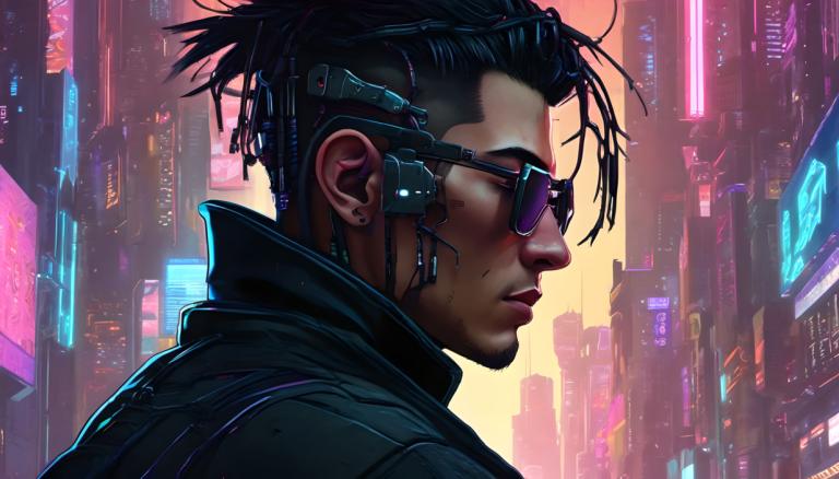 Cyberpunk,Cyberpunk, människor, man, 1 pojke, cyberpunk, manligt fokus, solo, neonljus, ansiktshår, svart hår