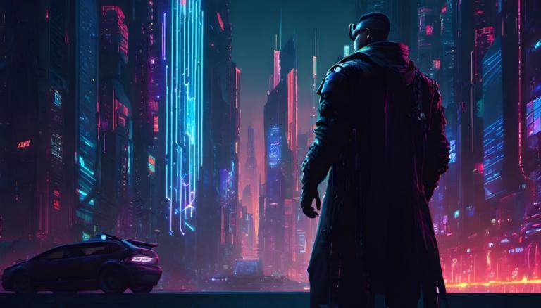 Cyberpunk,Cyberpunk, människor, man, 1 pojke, stad, motorfordon, natt, cyberpunk, markfordon, manligt fokus