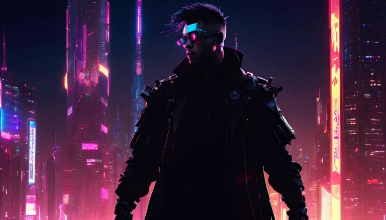 Cyberpunk,Cyberpunk, Ljudje, moški, 1 fant, moški fokus, cyberpunk, solo, noč, kiborg, svetleč, jakna, mesto