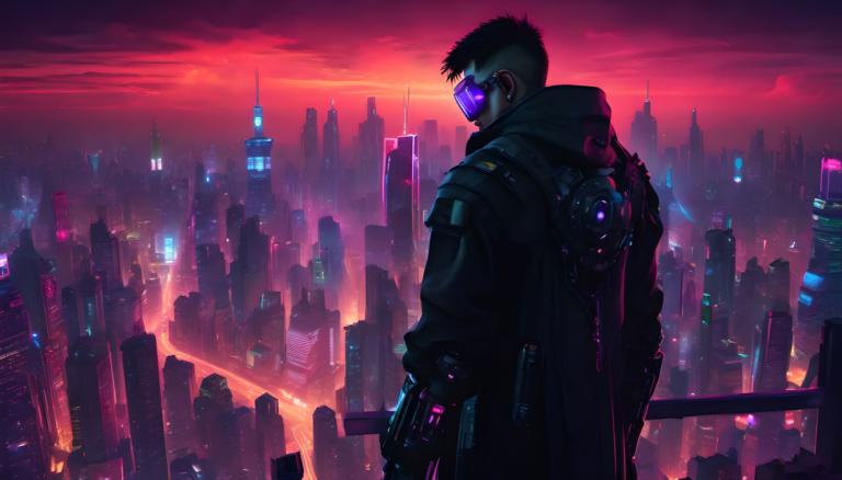 Cyberpunk,Cyberpunk, People, man, 1boy, solo, male focus, cyberpunk, city, cityscape, from behind, building