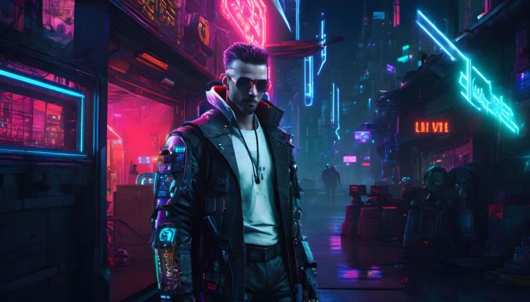 Cyberpunk,Cyberpunk, Mensen, man, cyberpunk, Neon lichten, Science fiction, cyborg, jasje, mannelijke focus