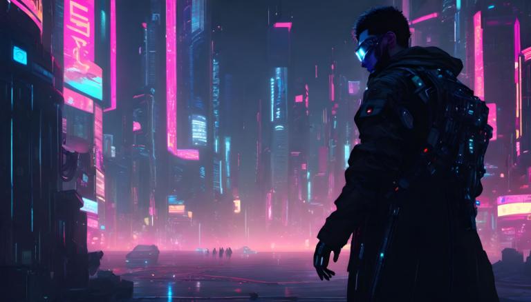 Cyberpunk,Cyberpunk, Mọi người, người đàn ông, cyberpunk, 1 cậu bé, đèn neon, khoa học viễn tưởng, thành phố