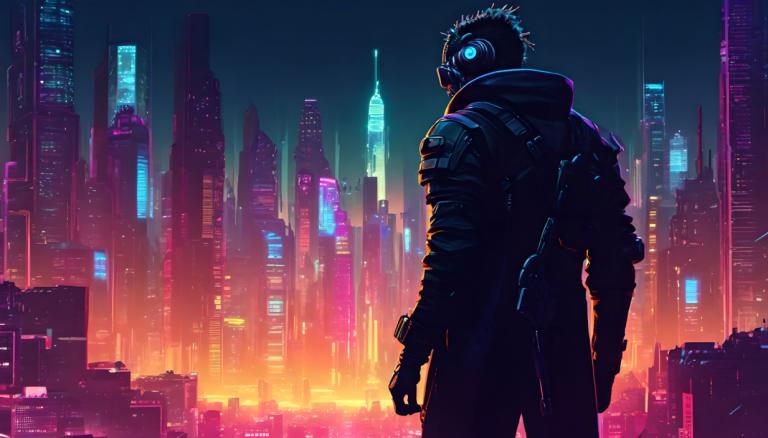 Cyberpunk,Cyberpunk, människor, man, 1 pojke, manligt fokus, cyberpunk, solo, stad, bakifrån, natt, jacka