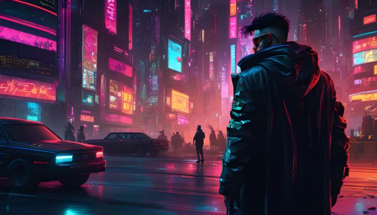 Cyberpunk,Cyberpunk, People, man, motor vehicle, car, neon lights, ground vehicle, cyberpunk, night, outdoors